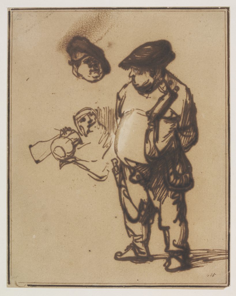 A pen and ink drawing of a portly man by Rembrandt