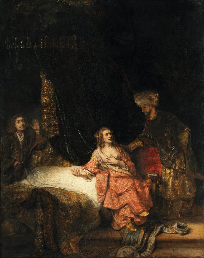 Painting of a woman and man talking in a bedroom