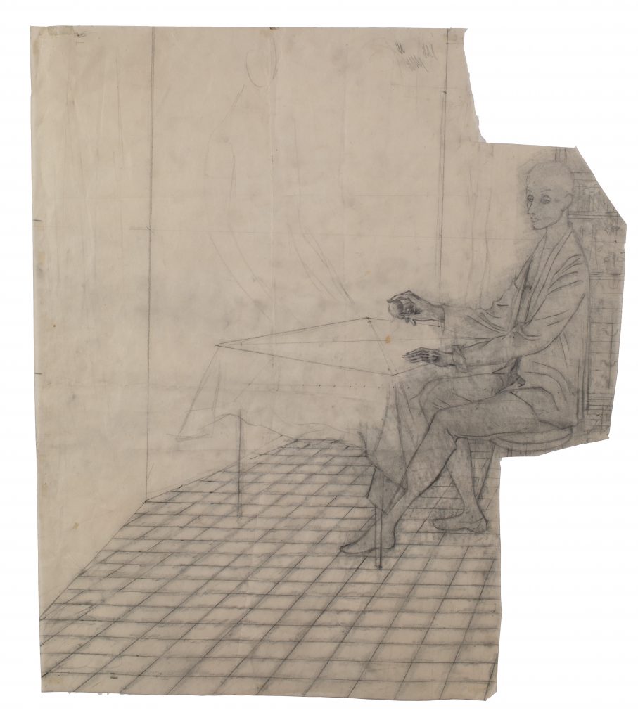 A drawing of a person seated at a work table.