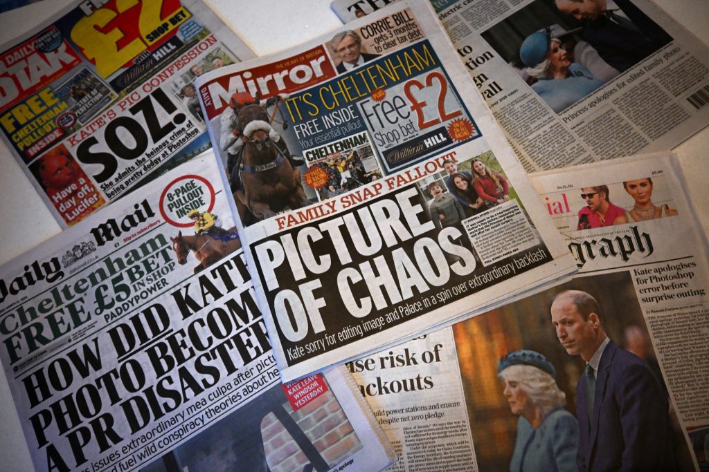 British newspapers showing headlines about the controversy over a doctored photo of Kate Middleton