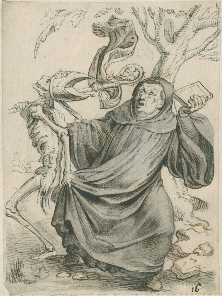 A scan of a finished black and white drawing of a clergy man being grabbed by a skeleton while winds swirl his robes