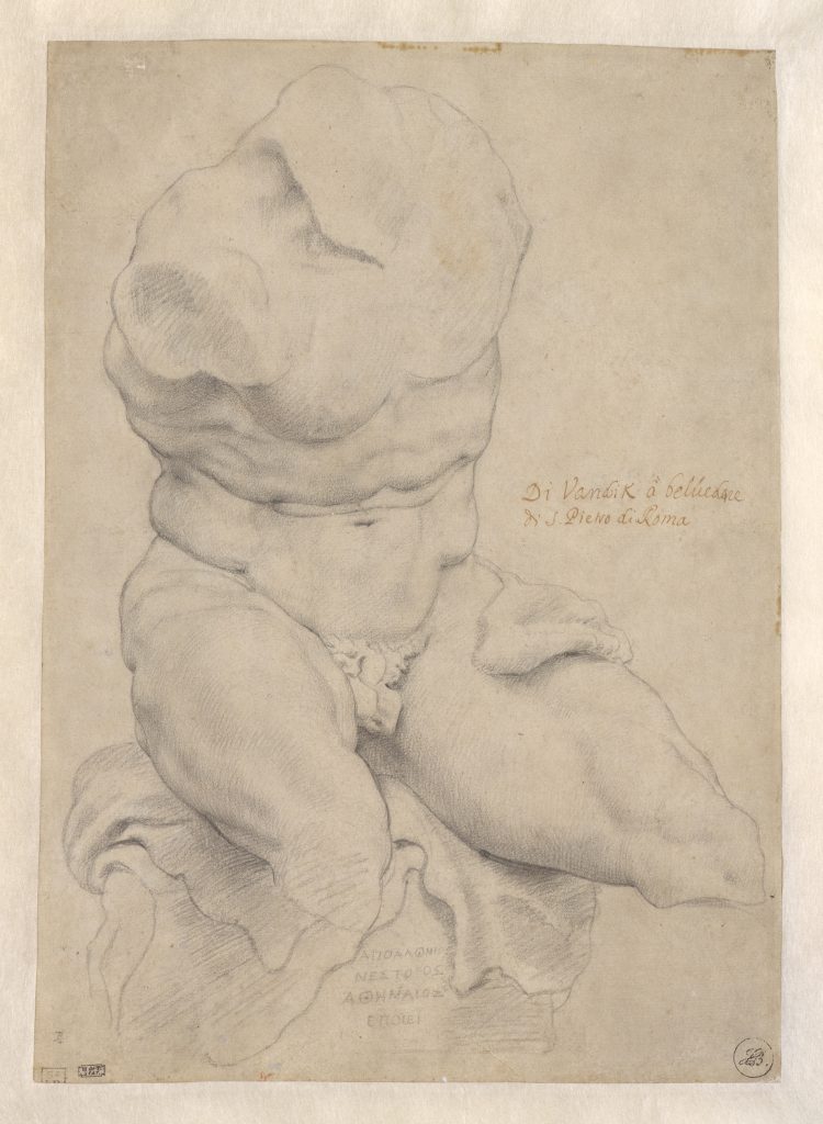 A scan of a faint finished drawing of a broken sculpture depicting solely a muscular grown man's torso