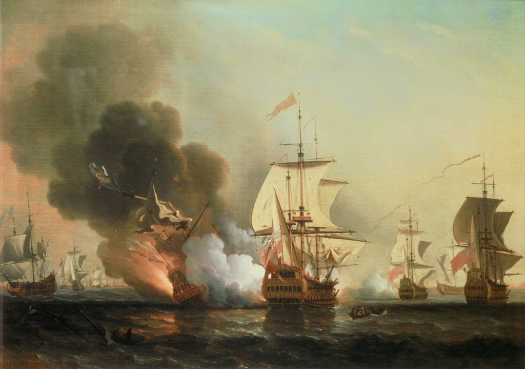 Painting of a fleet of ships under attack, a plume of black smoke in the background.