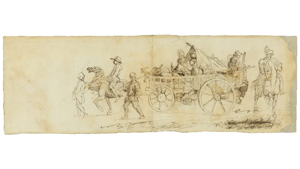 A pen and ink sketch on a long yellowed parchment depicting a wagon stuffed with four people and surrounded by a legion of armed officers