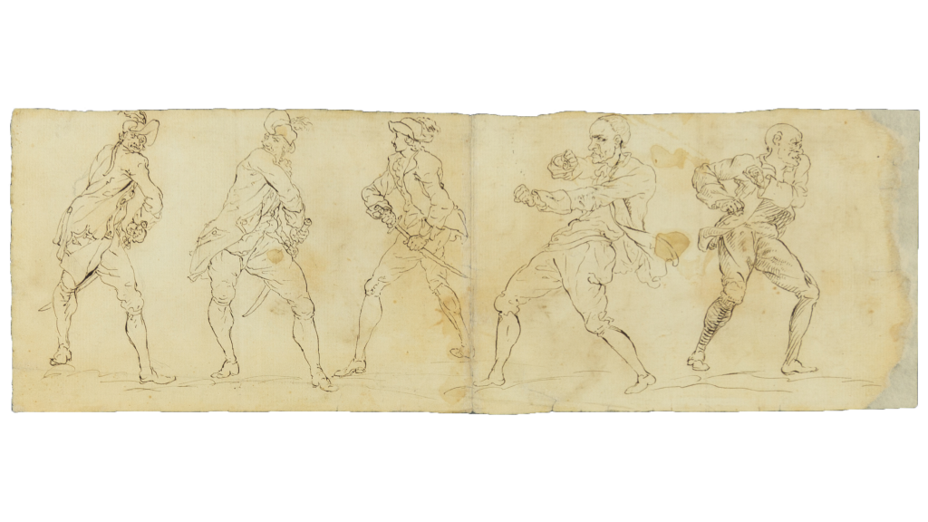 A scan of five different dueling male figures sketched in pen and ink on a long yellowing piece of parchment