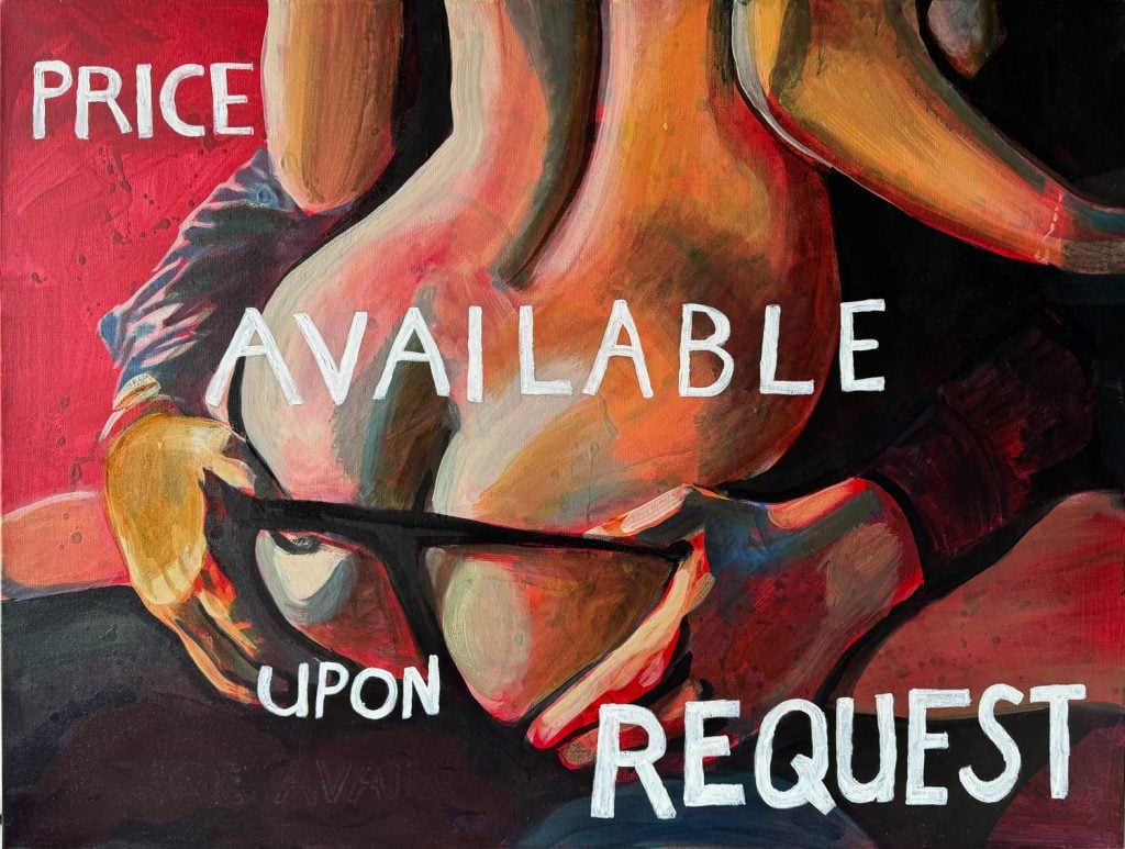 A photograph of a painting featuring a close of of a naked woman on a clothed man's lap with a red background and white text reading "price available upon request"