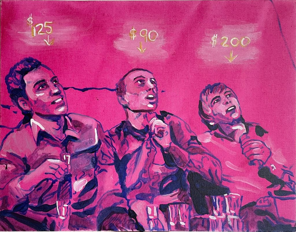 A photograph of a pink painting of three men mesmerized by an exotic dancer, with different dollar figures about each of their heads