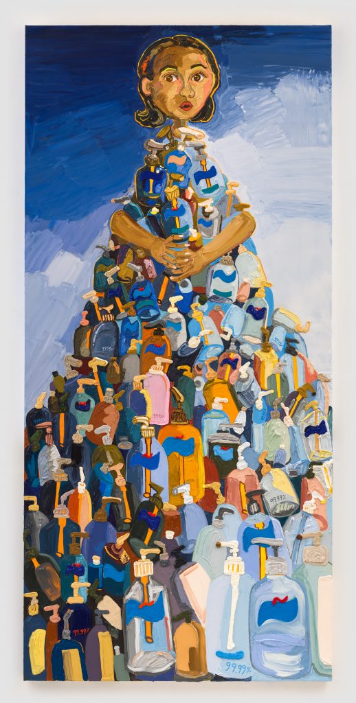 a painting of a young asian woman with Purell bottles towering against her like a massive dress