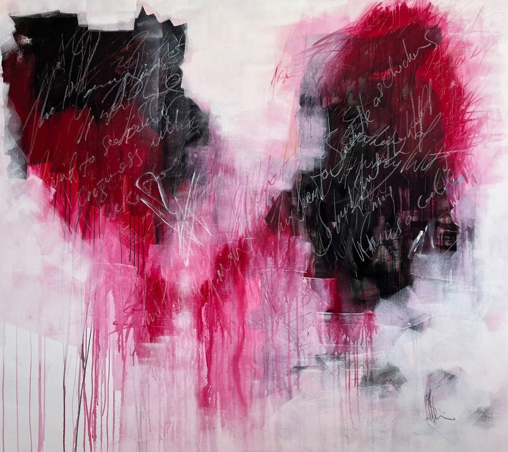 Abstract painting with drips only using a fuchsia and red almost black. 