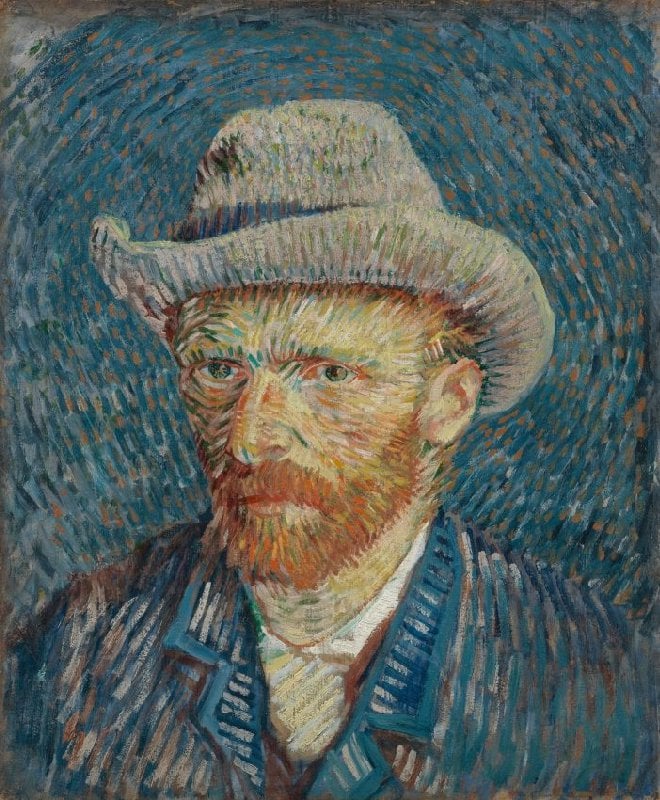  Van Gogh's self-portrait exuding introspection and melancholy, depicted with his signature intensity and textured brushwork, showcasing his unique artistic style.