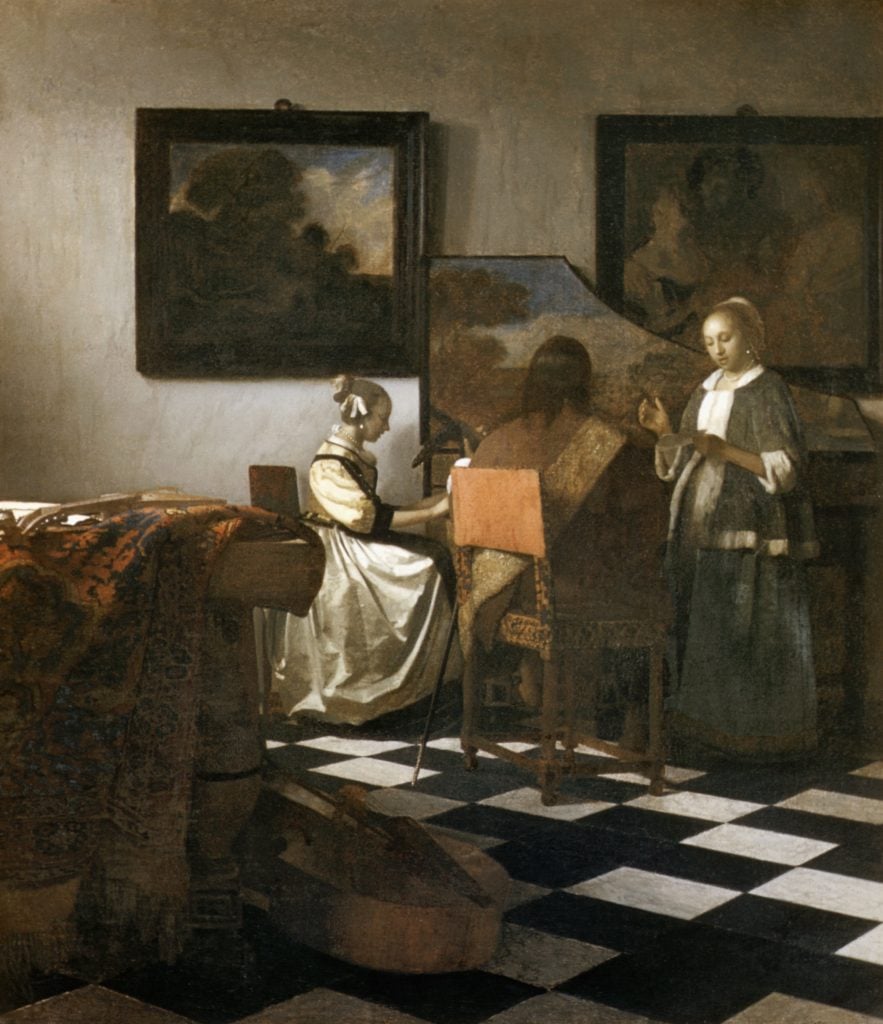 Vermeer's The Concert depicting a woman seated at a harpsichord, a man playing the lute with his back to the viewer, and a second female figure standing and singing.