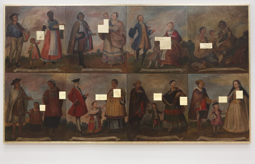 this image shows a painting of characters from the Middle Age, caucasians dressed as aristocrats and people of colour in their traditional outfits. 
