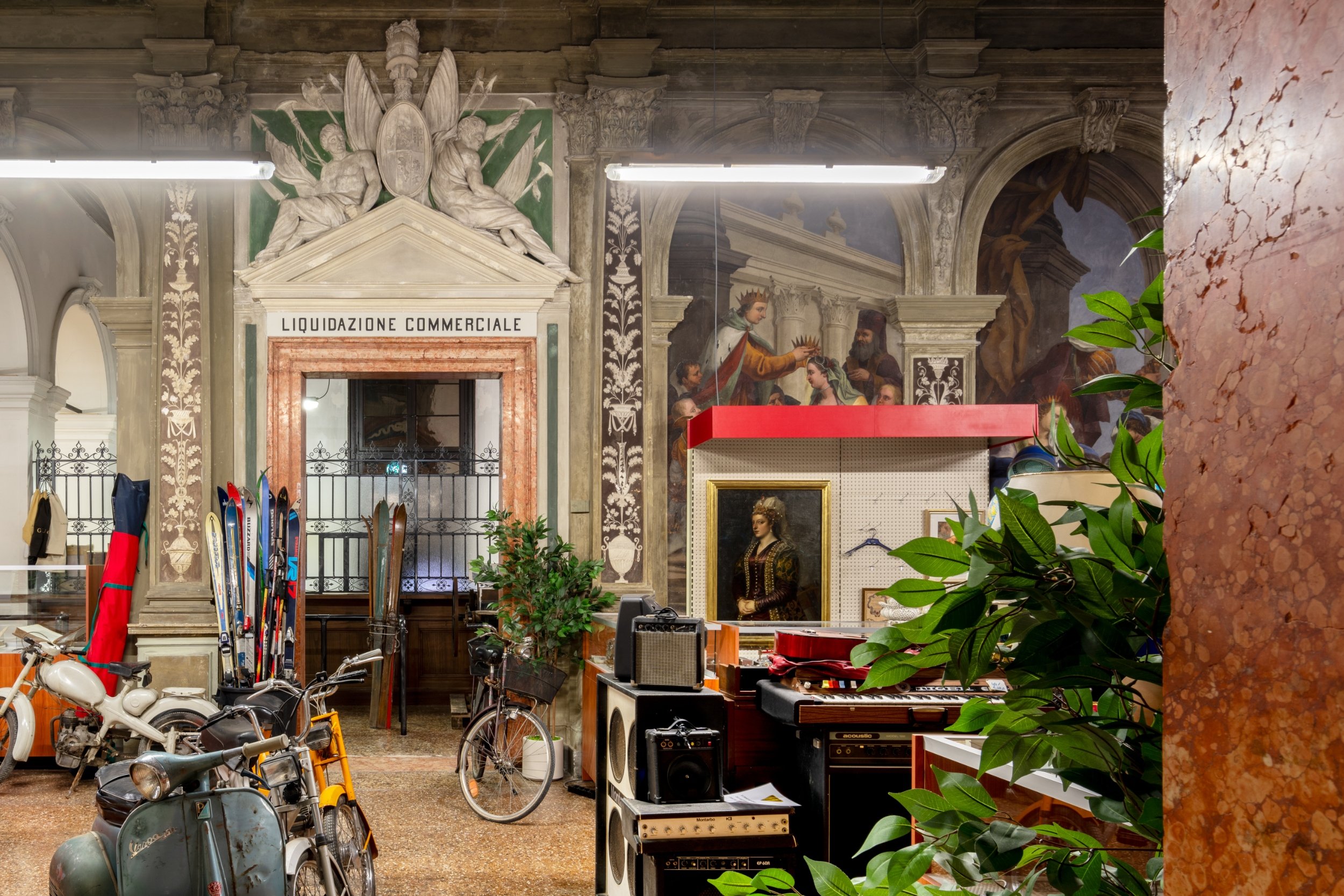 an old church marble interior filled with clutter and random found objects