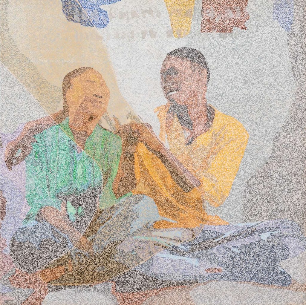 pointillism painting depicting two seated people laughing together