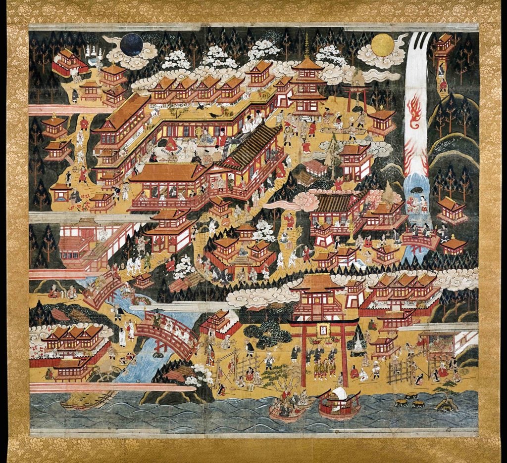 an ancient ink painting of a scene of the Japanese society, a populated town full of houses in red, orange, and black, and with rivers flowing