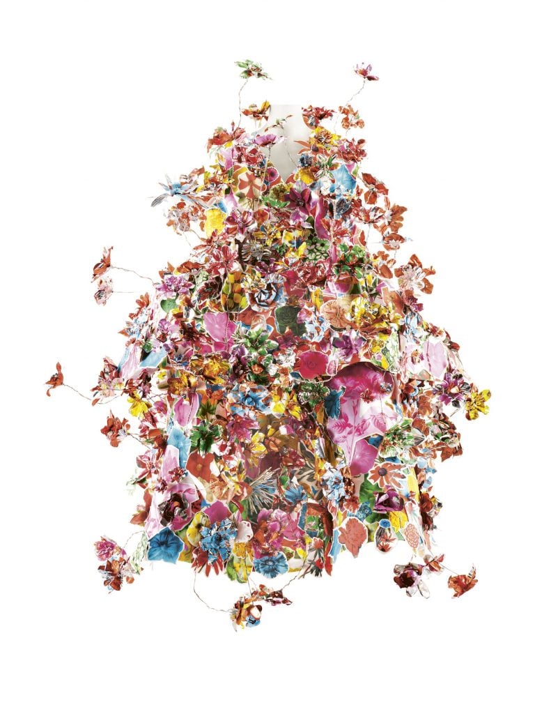 A dress covered entirely in floral designs