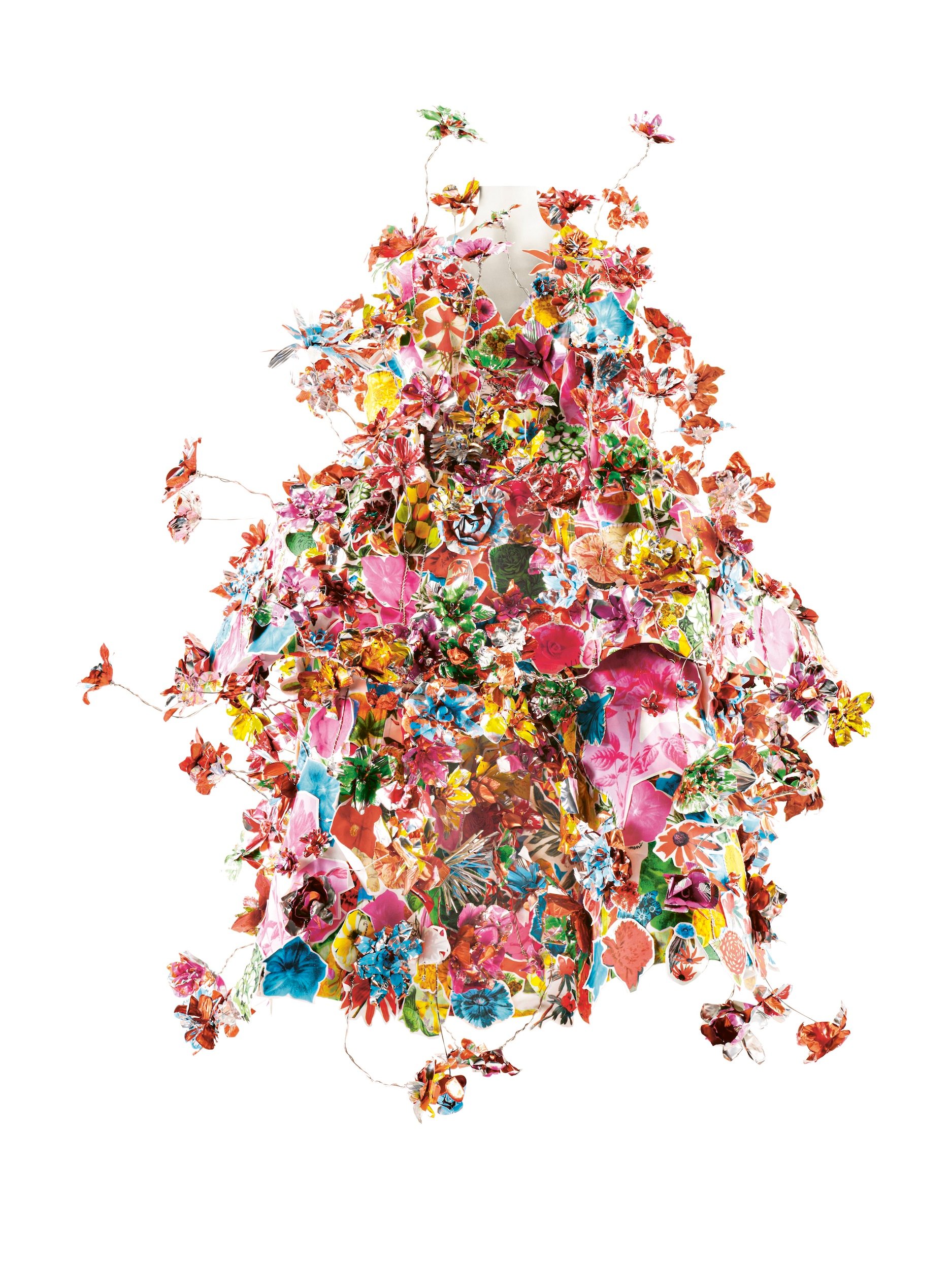 A dress covered entirely in floral designs