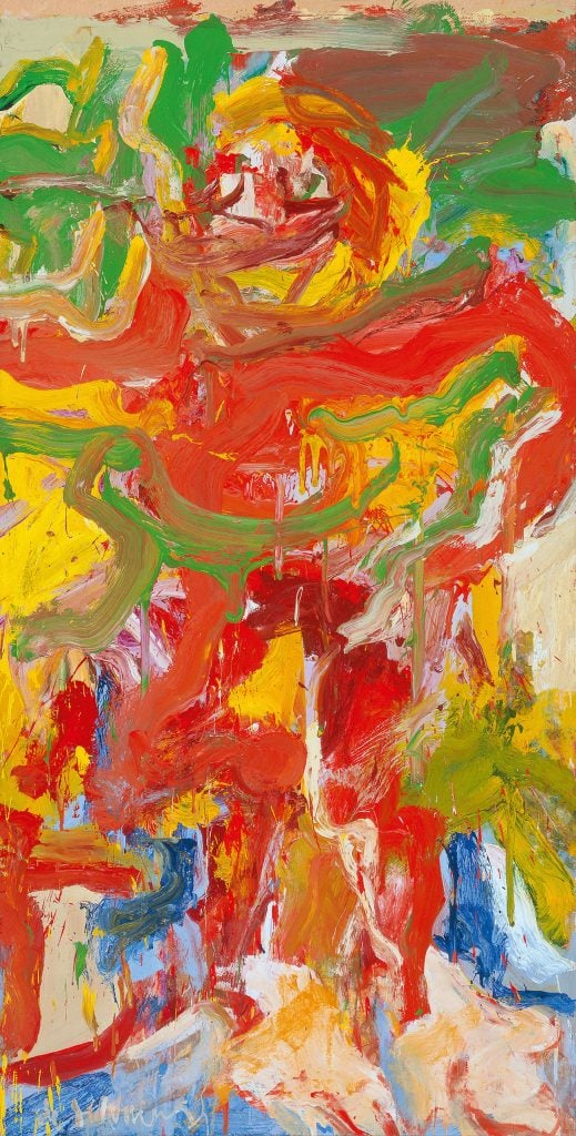 an image of a bold abstract painting with ribbons of red mixed with orange blue and yellow brush strokes