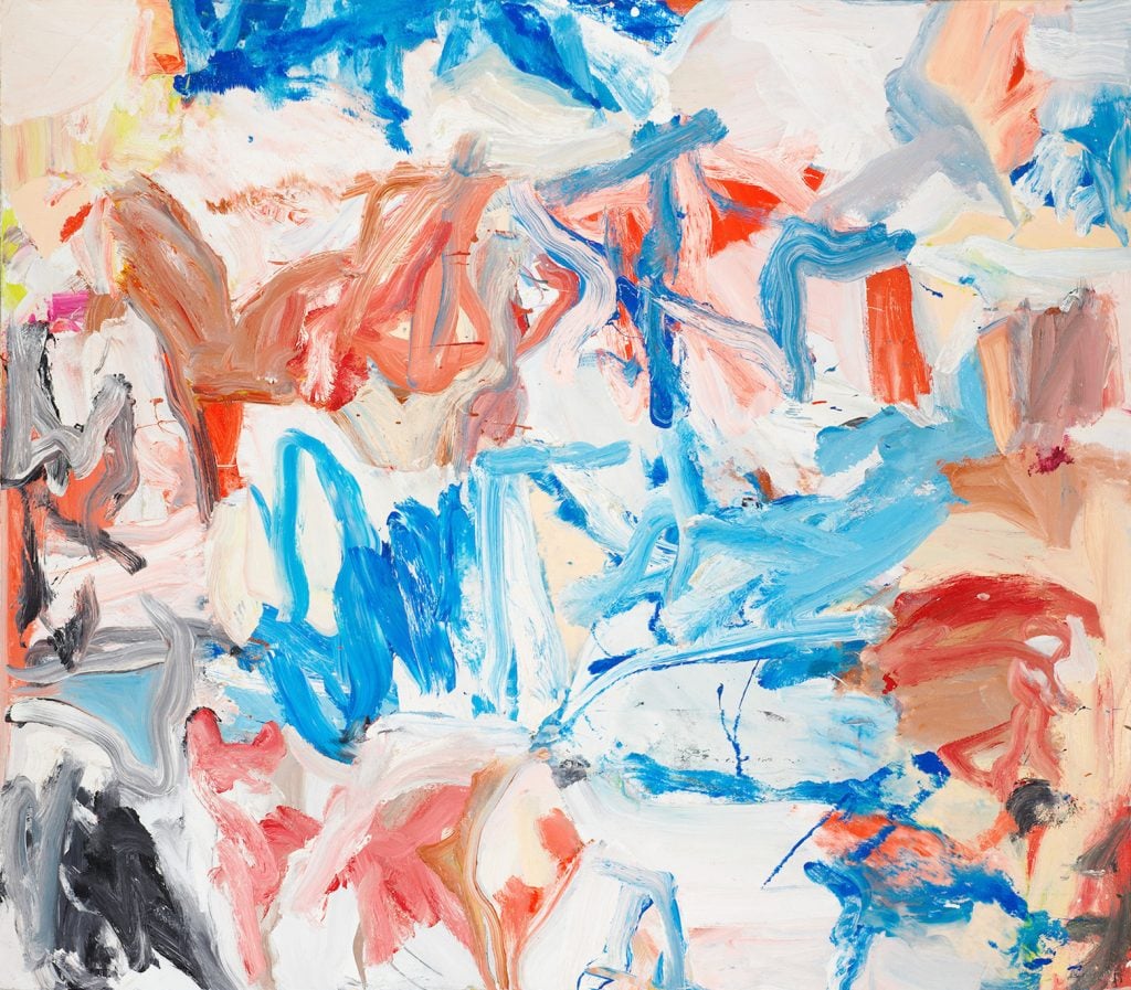 an abstract painting with bold brushstrokes andsquiggles of blue, red, white and peach