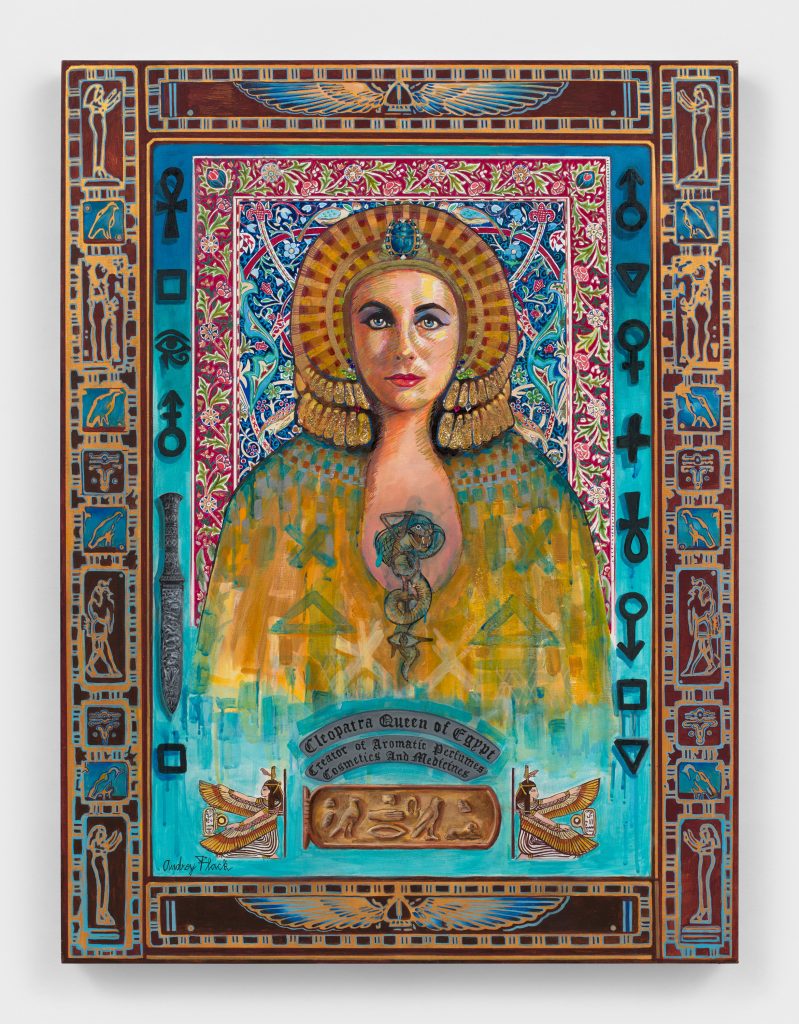 A painted portrait of a young Liz Taylor in her role as Cleopatra surrounded by painted frames of Egyptian symbols and hieroglyphs.