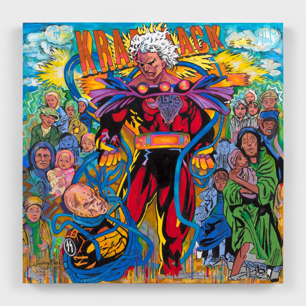 A comic-style painting of Magneto of the X-men overcoming a Nazi SS officer with the word Kraaaak emblazoned across the top.
