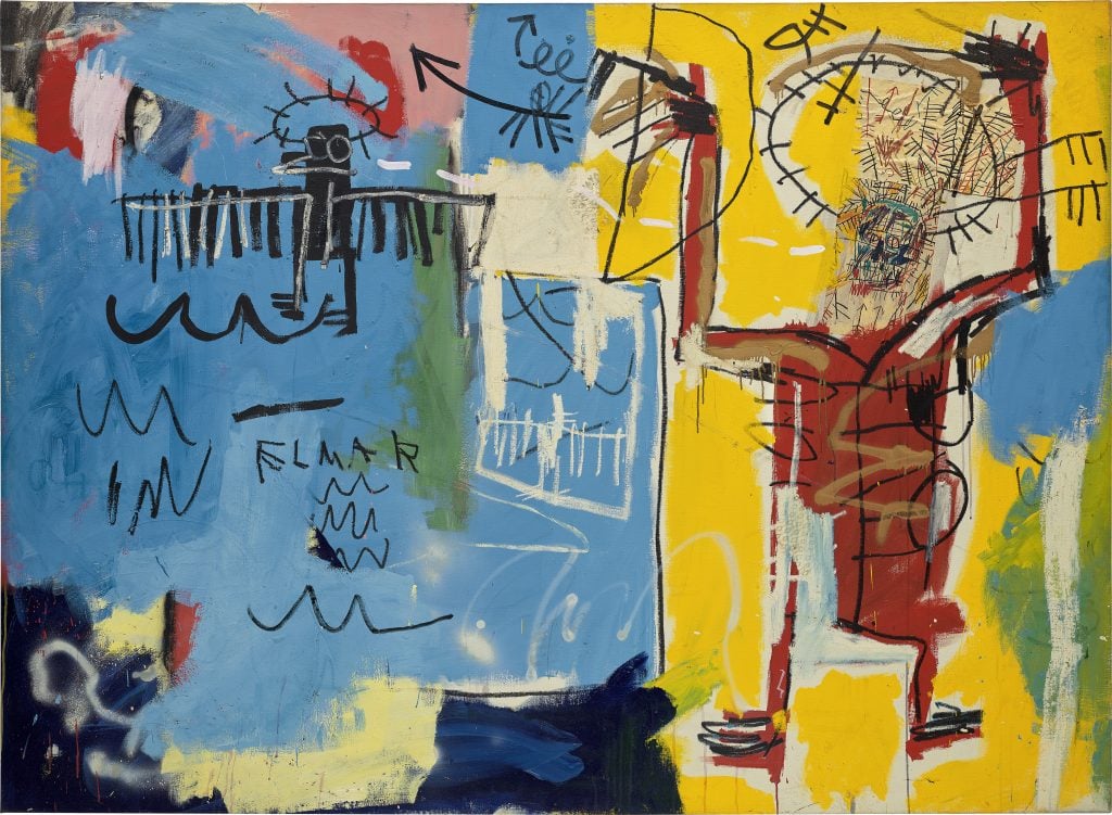A painting by Jean Michel Basquiat. canvas is likely filled with a combination of graffiti-like markings, abstract symbols, and recognizable imagery.