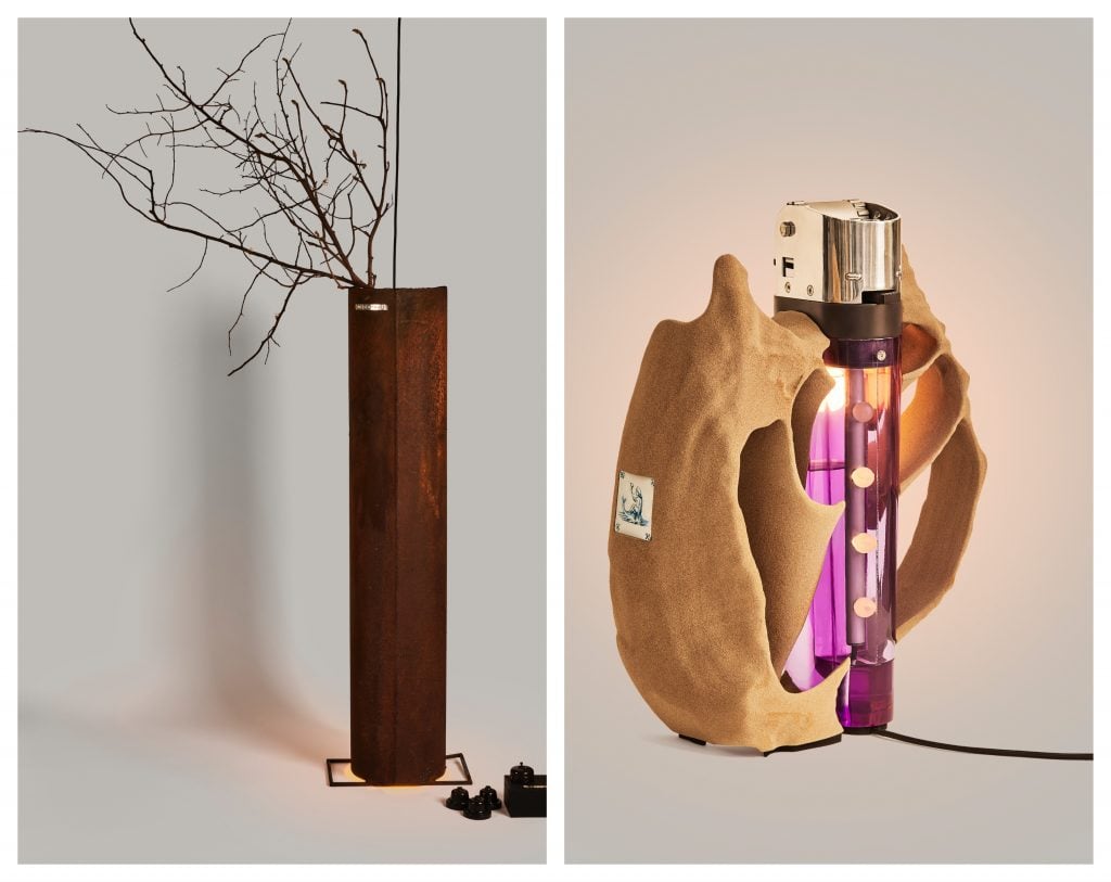 one lamp looks like a rusted canister with twigs the other lamp looks like a cigarette lighter embedded in rock 