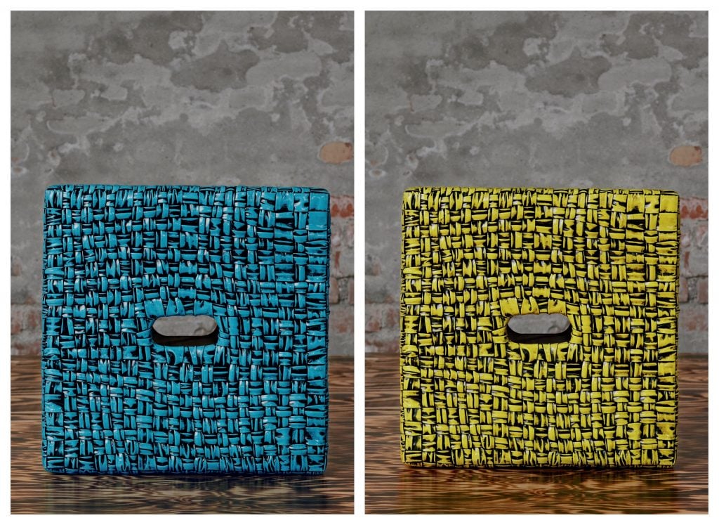 one blue and one yellow leather luxury crates designed by Bottega Veneta to be used as stools 