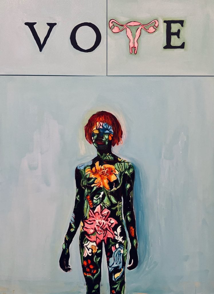  painting that depicts a human figure with no discernible facial features, standing against a muted background. The body is covered in a vivid array of painted flowers and plants, suggesting a oneness with nature or the concept of the natural body. Above the figure, the letters 