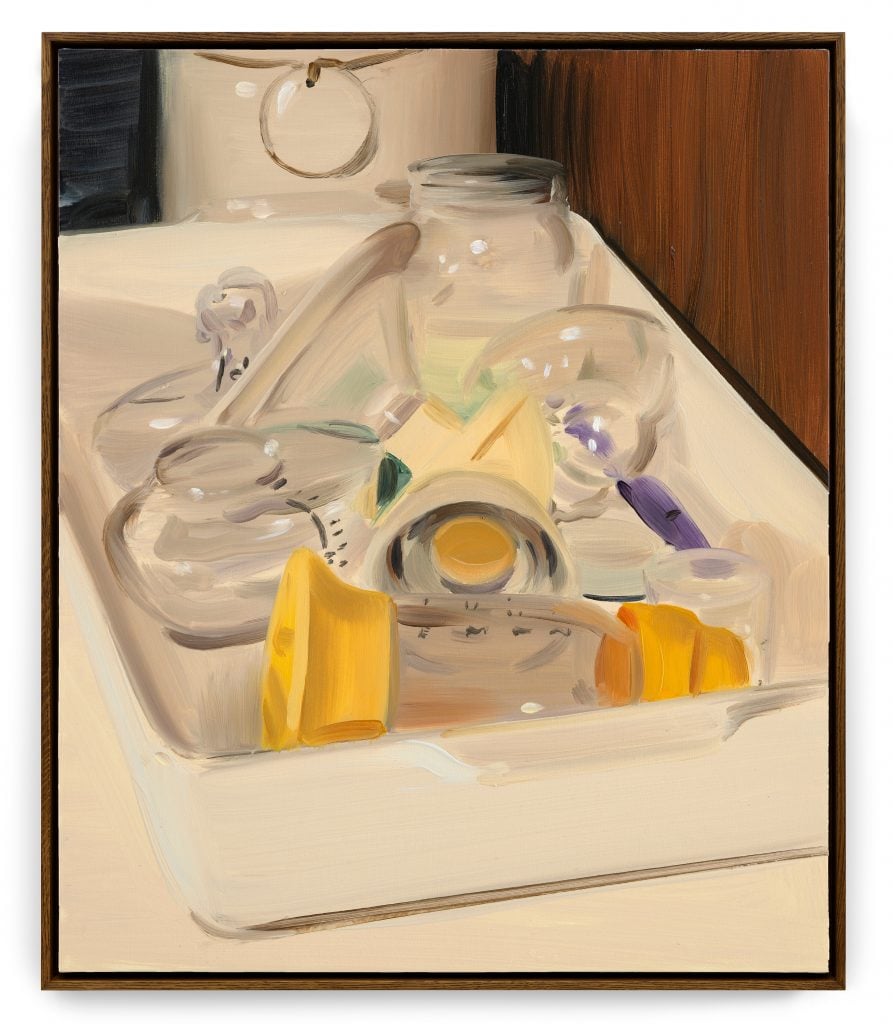 a painting of a sink filled with the equipment to be sterilized for bottle feeding a baby