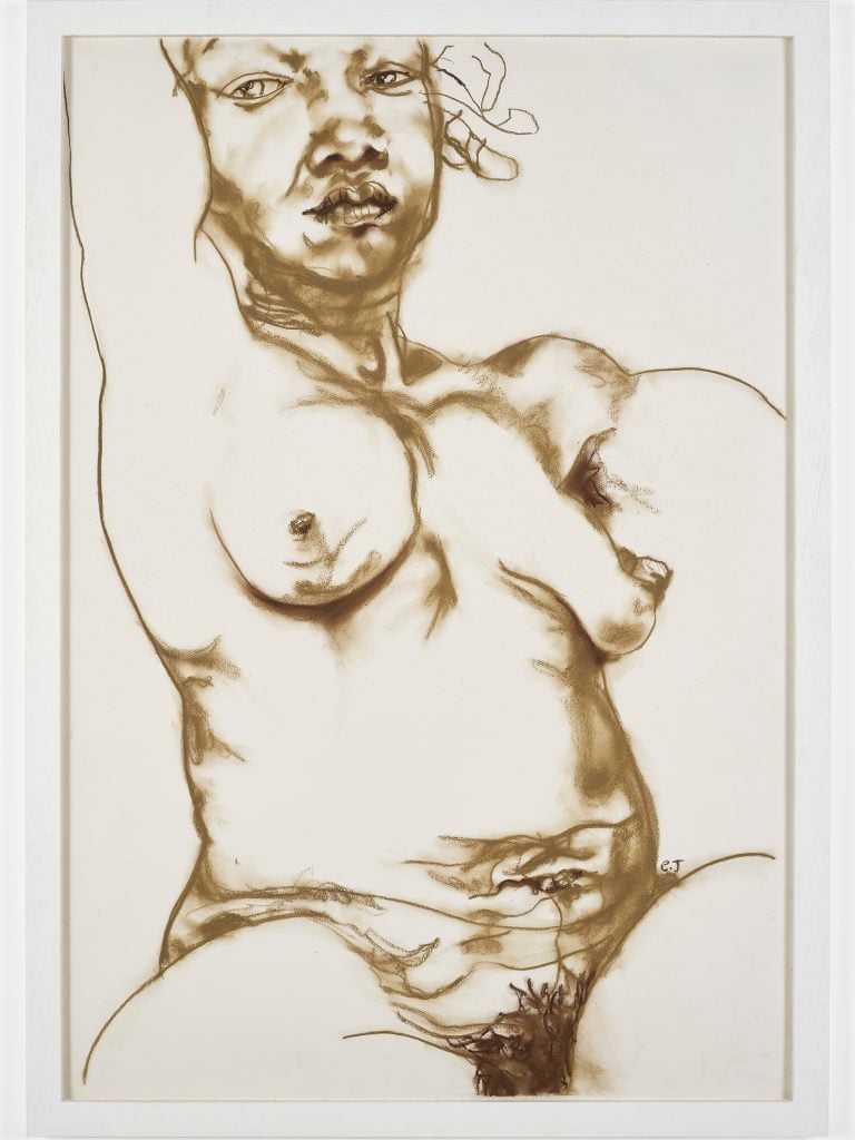an intimate black and white drawing of a topless woman 