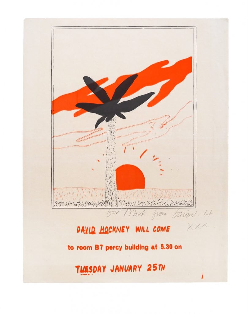 a black palm tree with a red sun as drawn by David Hockey for a 1965 university lecture