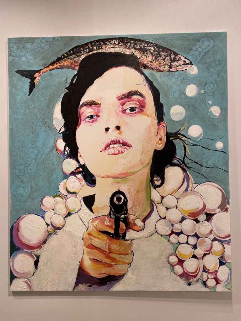 an image of a painting of a woman surrounded by bubbles and holding a gun