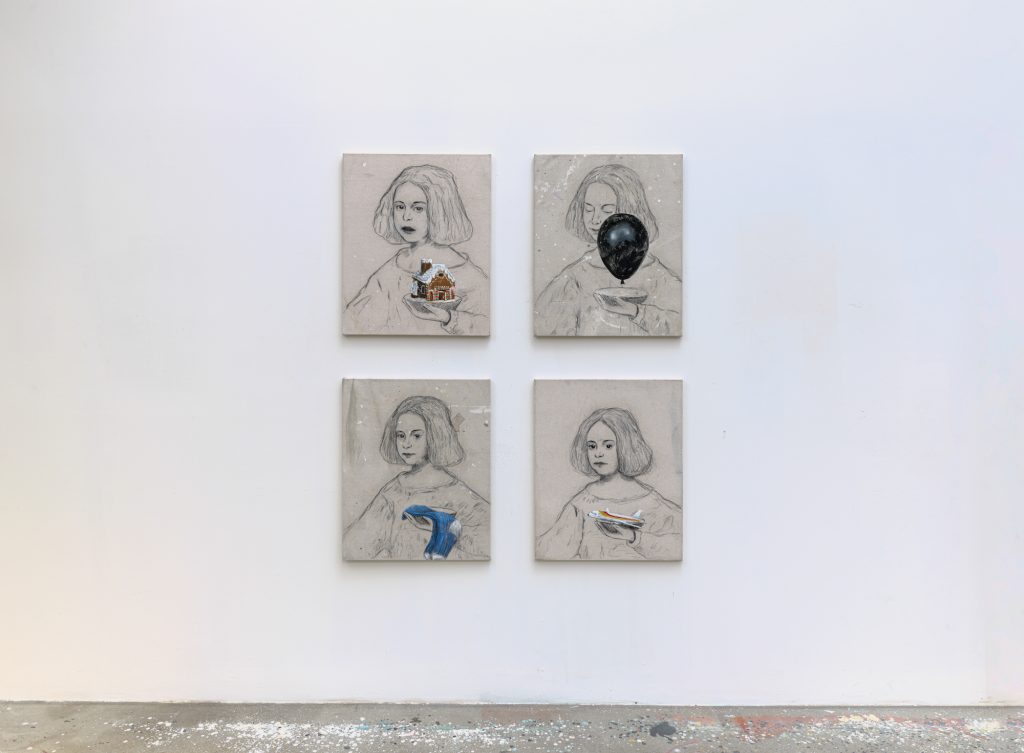 a group of four mixed media paintings hanging in a square formation on the wall