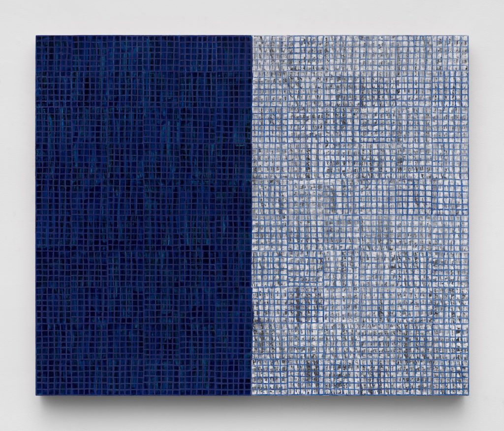 an image of a blue and gray painting with an overlaid blue grid pattern by McArthur Binion