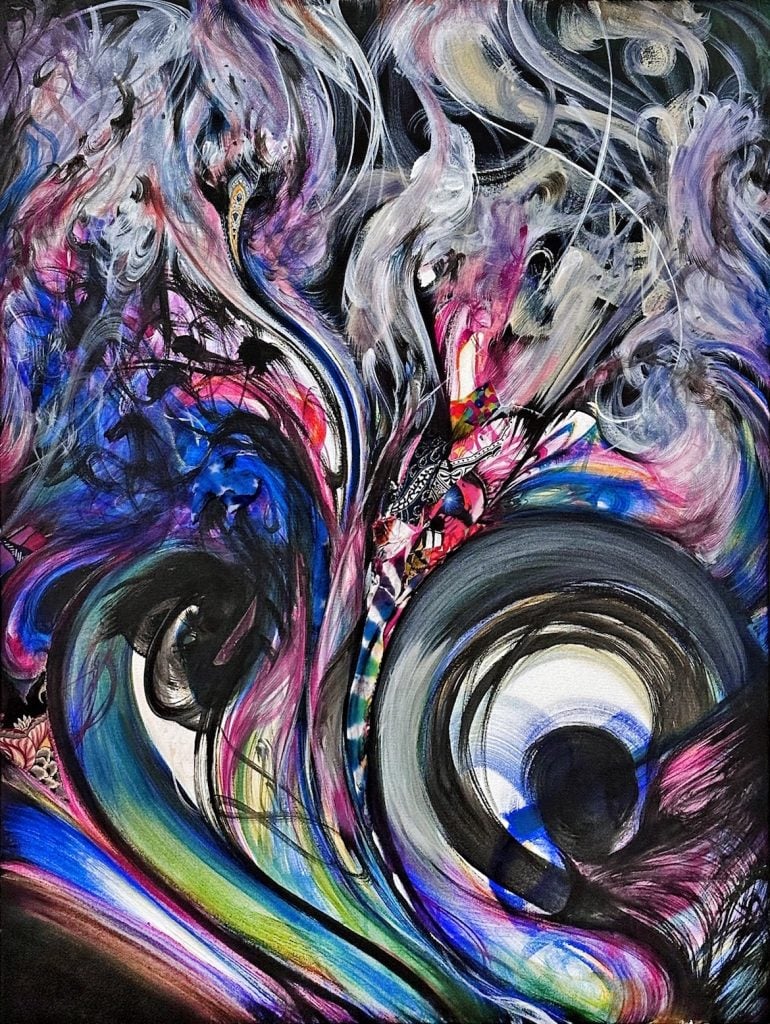 an image of a work by Shinique Smith with spirals and whirls of vibrant colors
