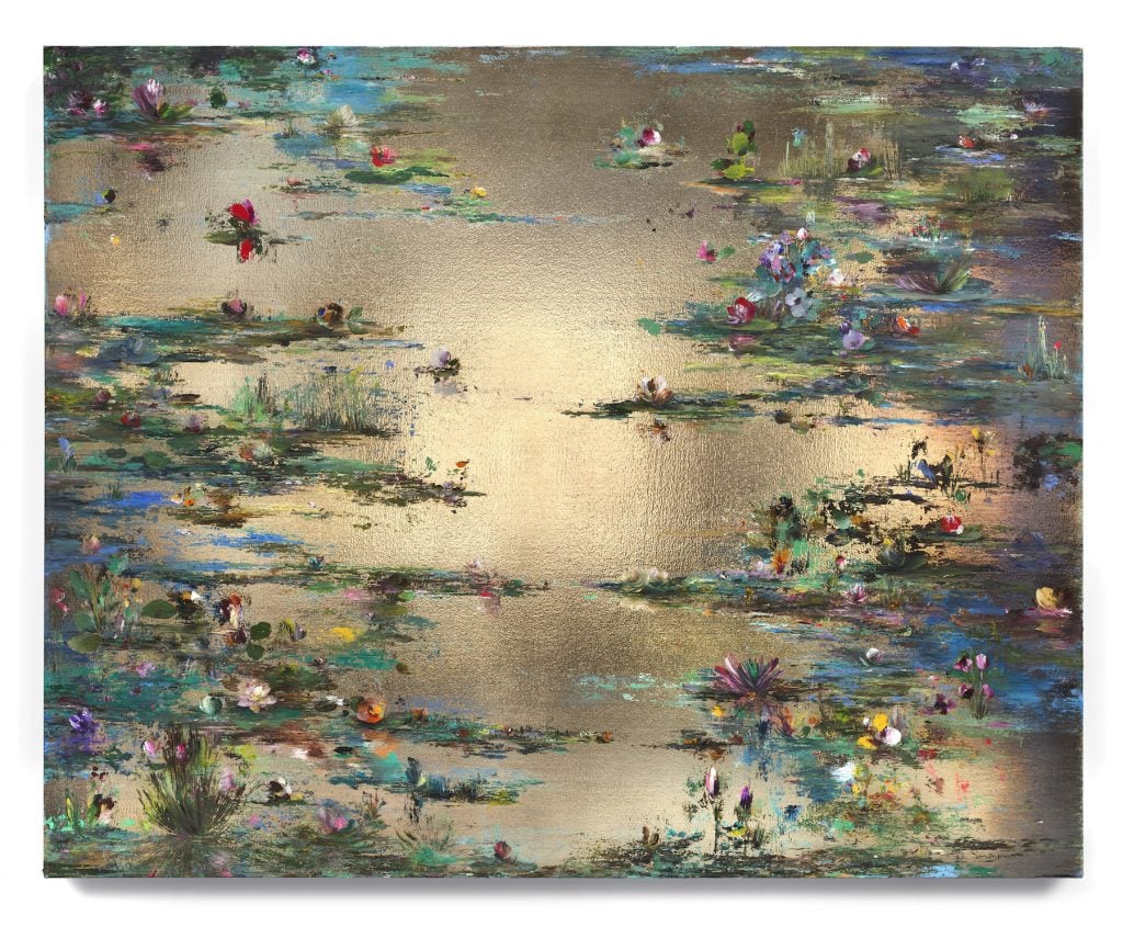 an image of a painting depicting Monet-like waterlilies on a silver background