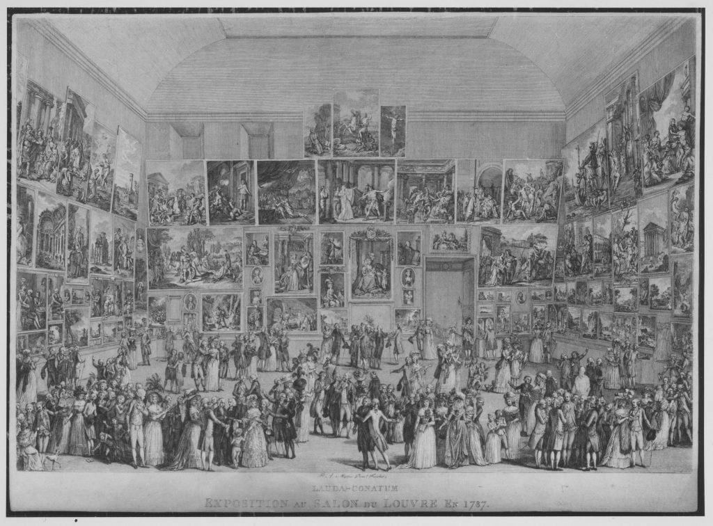 a greyscale print of people looking at a room covered with hung paintings