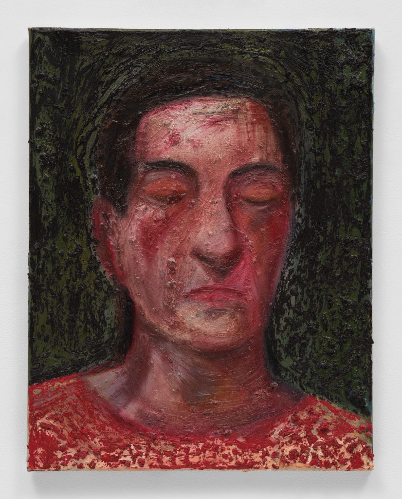 a painting of a woman's head with thick red paint on her face
