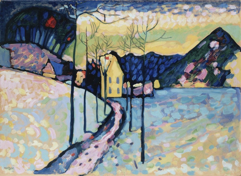 a colorful painting of a simpel wintry landscape with a house in the background and thin trees