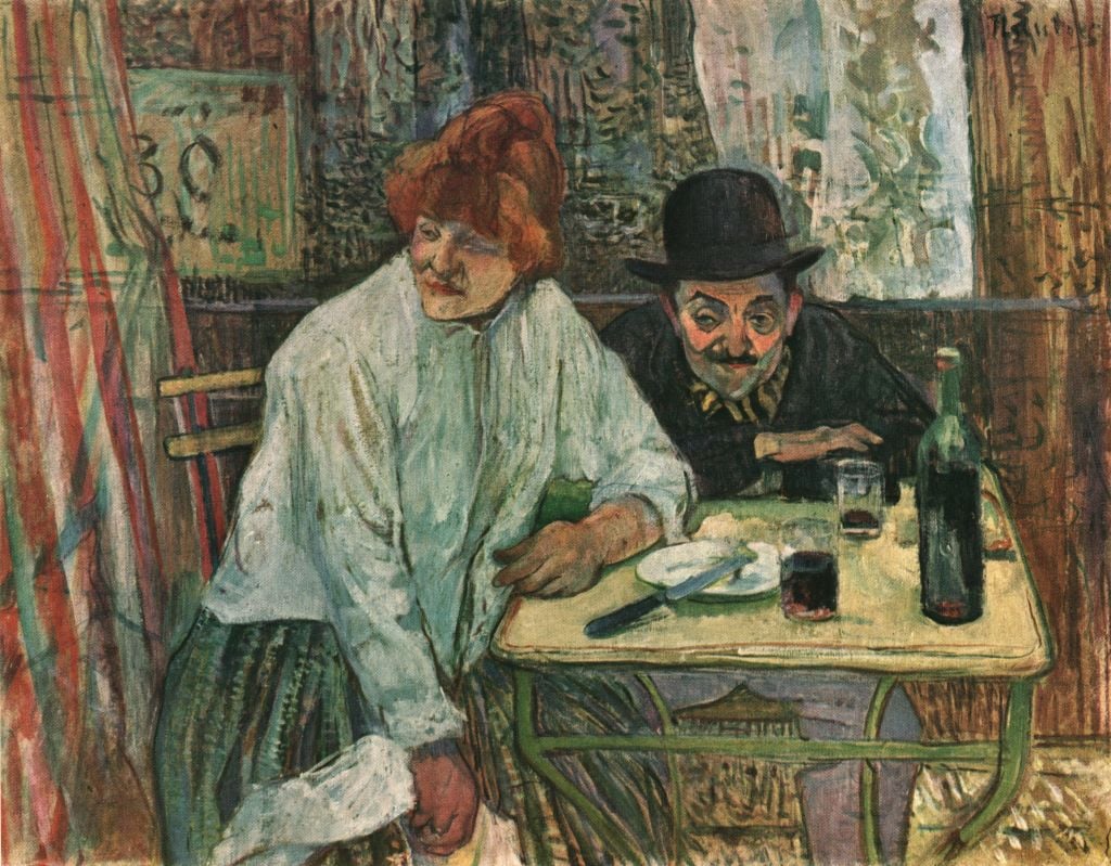 In a thickly painted painting by Henry de Toulouse-Lautrec, a man and a woman sit at a table in a cafe with drinks before them. They look tired.