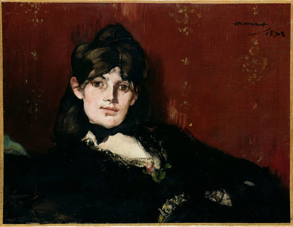 An image of a painting of a fair skinned girl in all black on a deep red background
