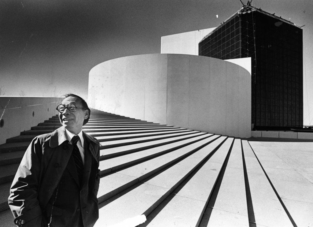 I.M. Pei stands outside the John F. Kennedy Presidential Library and Museum in Boston