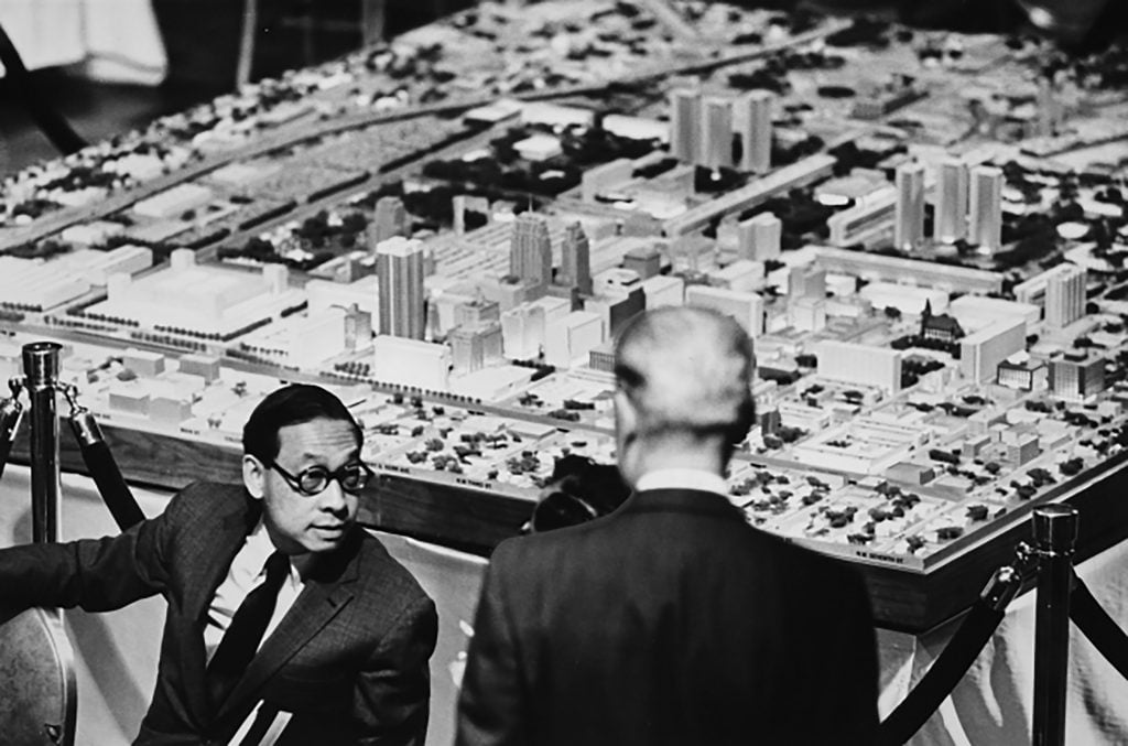I.M. Pei in front of a large model explains his plans for Oklahoma City in 1964.
