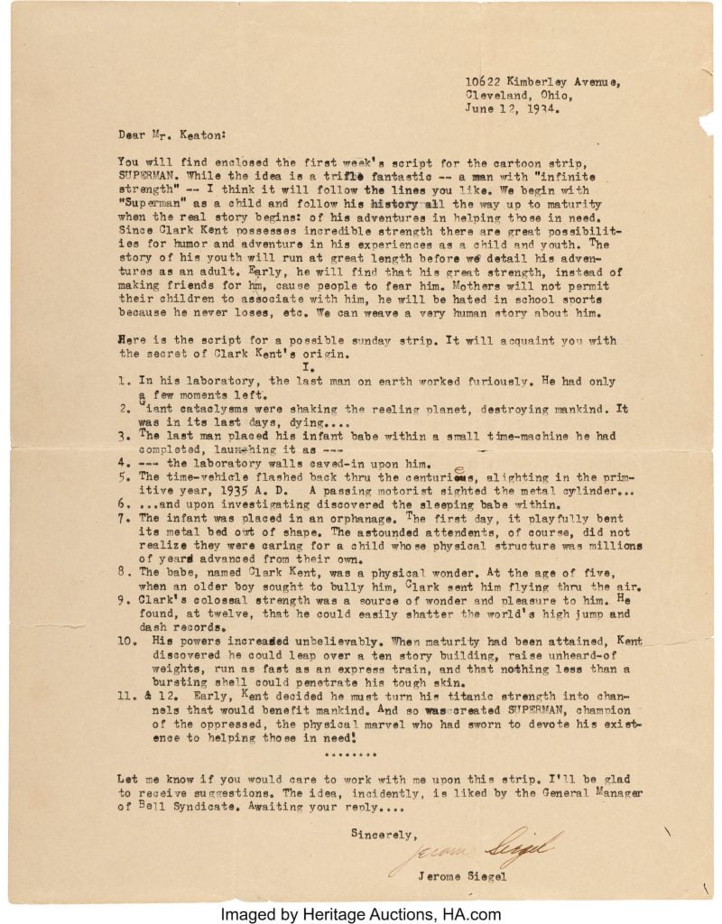 Typed letter from Jerry Siegel to Russell Keaton