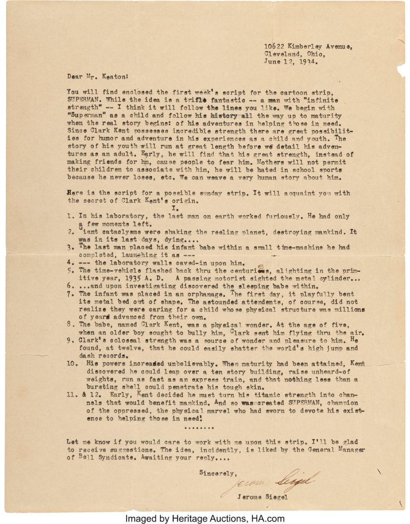 Typed letter from Jerry Siegel to Russell Keaton