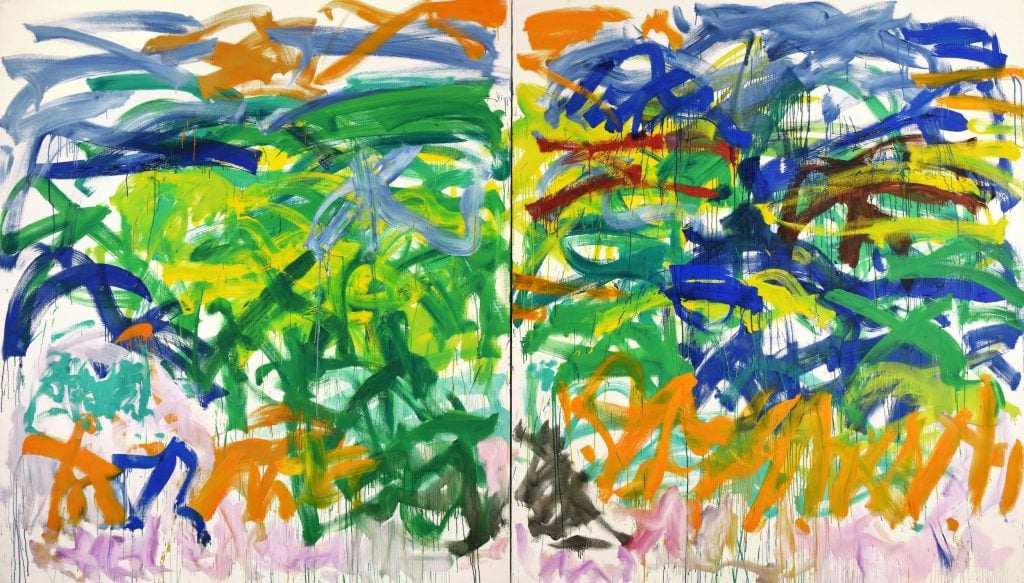 Abstract painting featuring vibrant layers of color in blue, green, and yellow hues, with dynamic brushstrokes creating texture and movemen