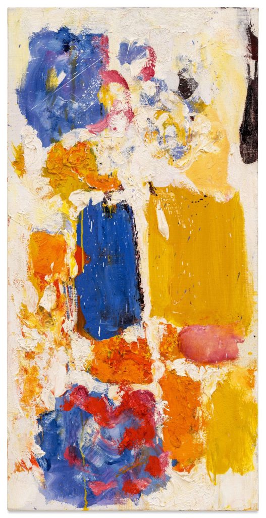 Abstract painting with blue and yellow painted panels interspersed with orange and red patches