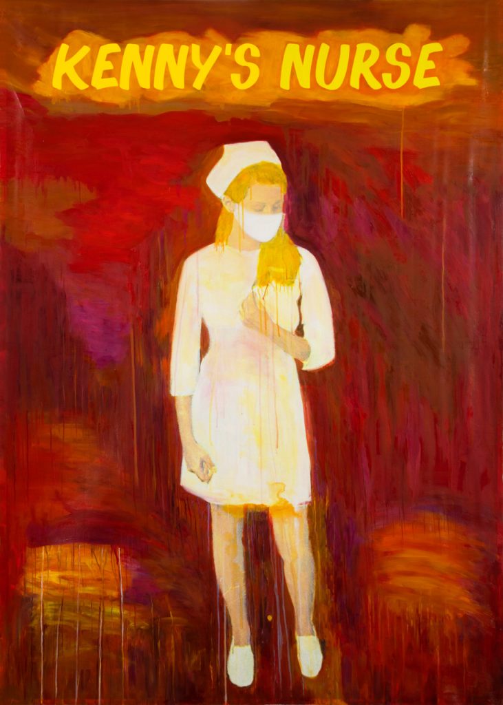 A painting of a nurse has text atop it that reads "KENNY'S NURSE"