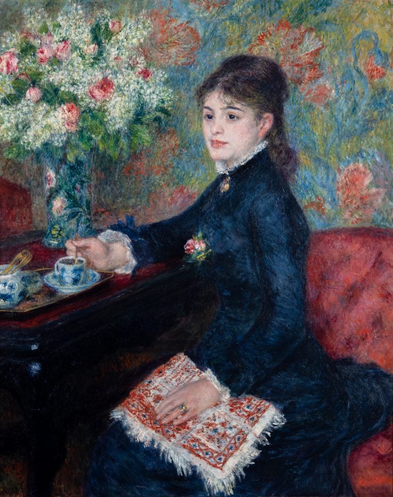A painting of a woman in a black dress holding a piece of embroidery and stirring a china cup. By Impressionist Pierre-Augustus Renoir
